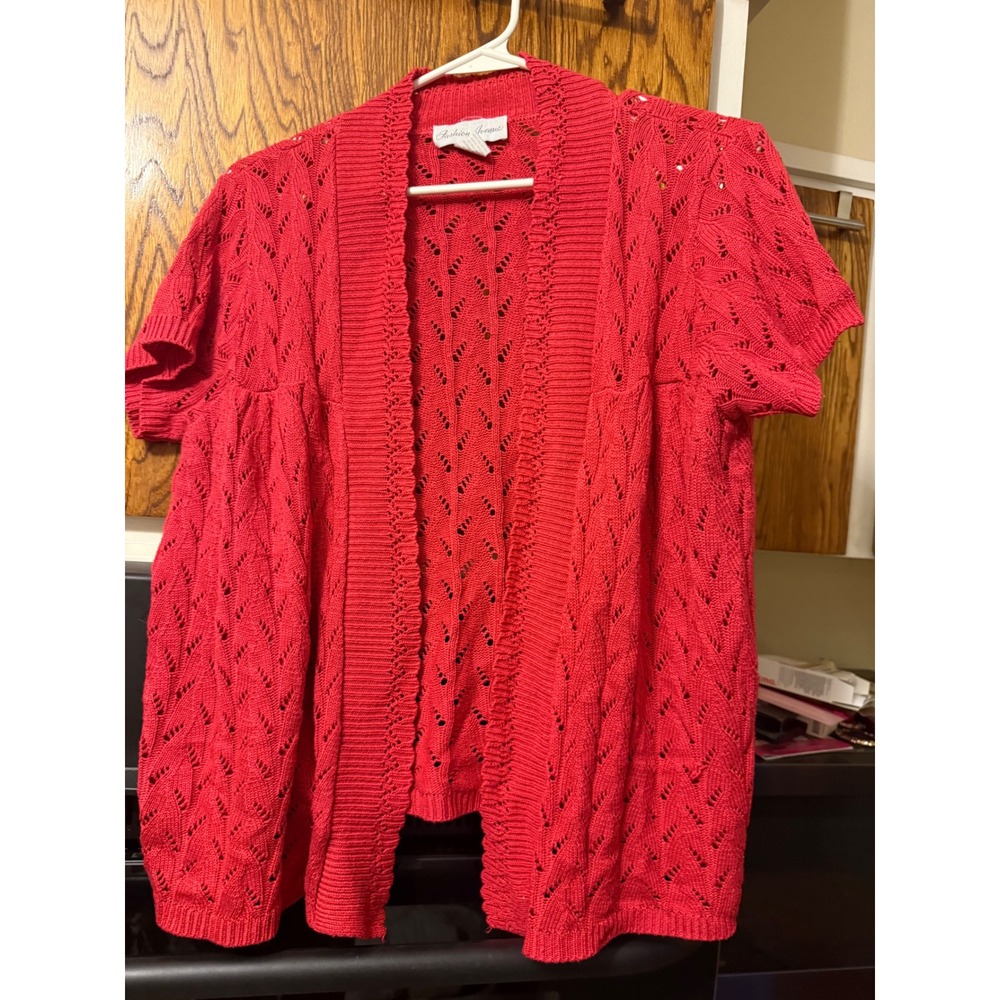 Fashion Avenue Womens Red Pointelle Knit Open Front Cardigan Short Sleeve XL USA